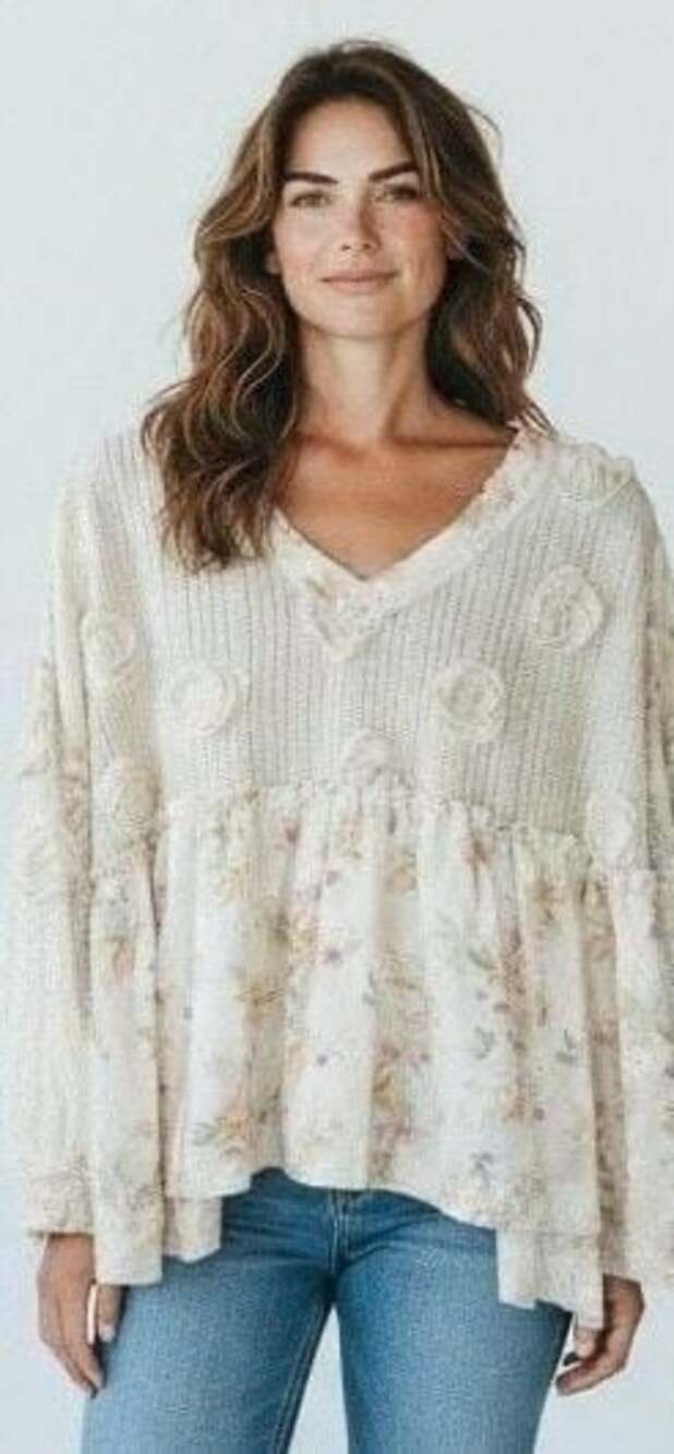 POL Vintage Lace V-Neck Balloon Sleeve Top with Floral Appliqué